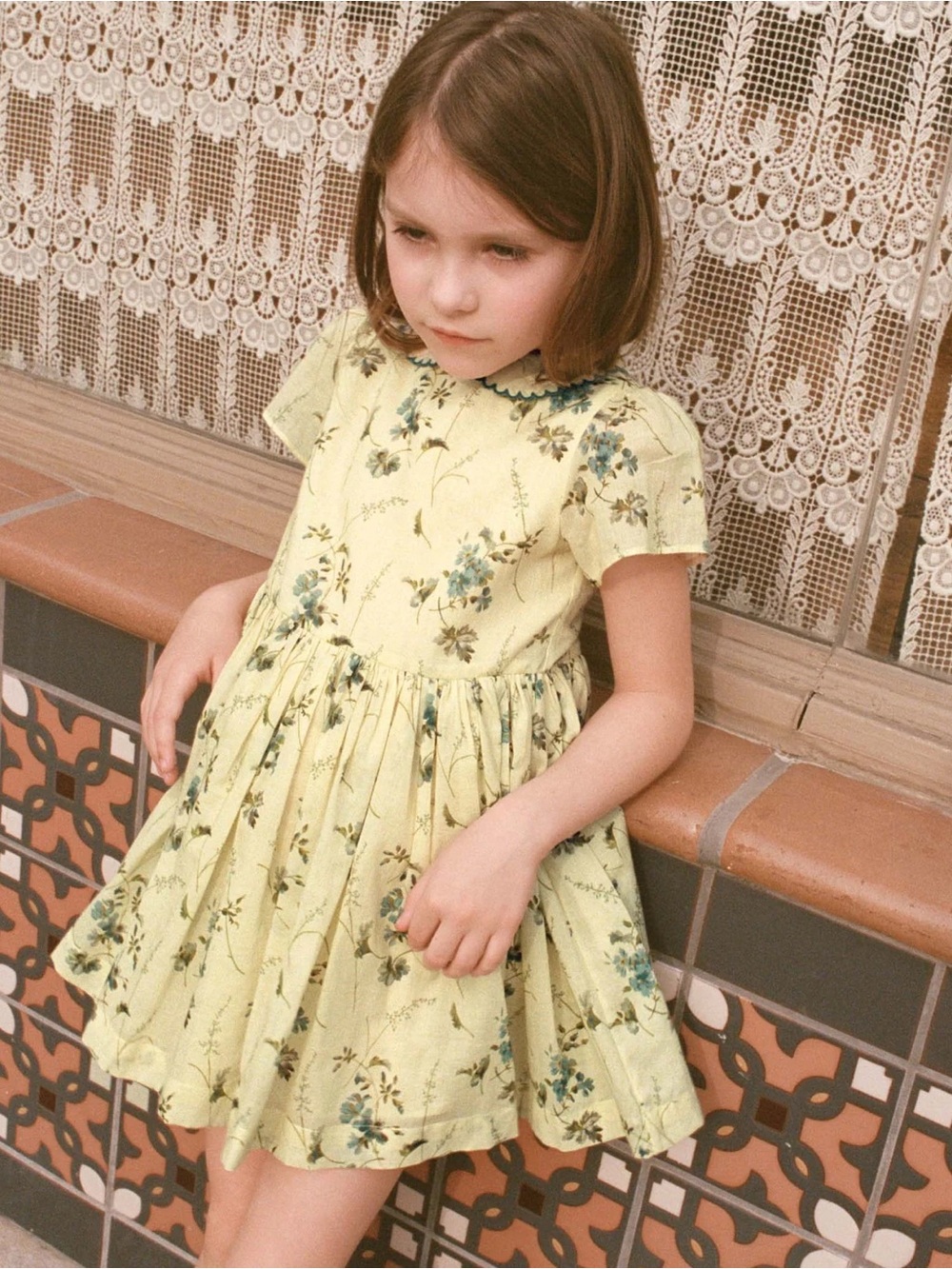 Doen Girls Cream Dress with Blue and Green Floral Print